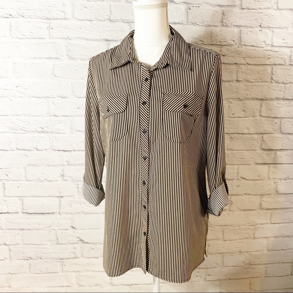 Womens Black and Tan striped button down blouse